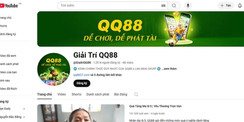 Kênh Youtube cung cấp thông tin sự kiện của QQ88